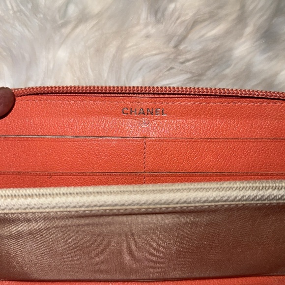 Authentic CHANEL Zip Around Long Wallet Purse Camellia Leather Orange GUC - Picture 7 of 12